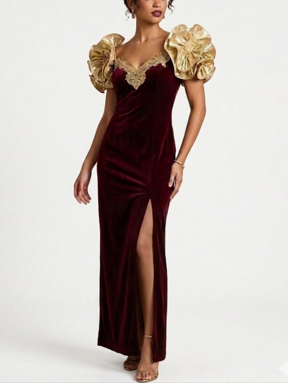 Vintage Velvet Burgundy 90s Y2K Cosplay Glam Maxi Dress Whimsigoth Dark Romantic